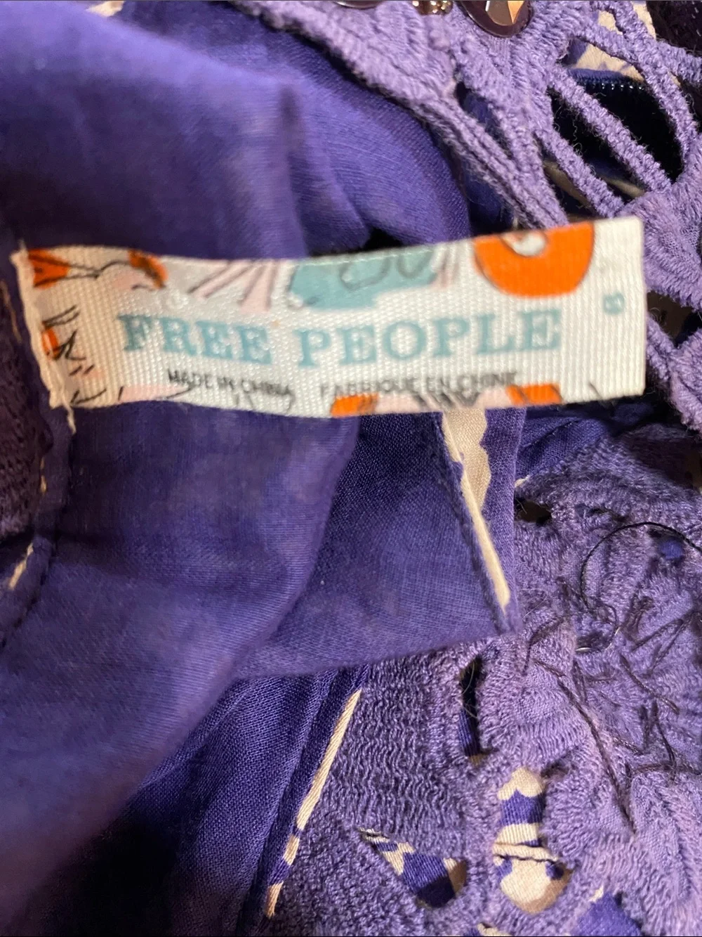 Free People Purple and Cream Paisley Midi Dress with Crochet Yoke